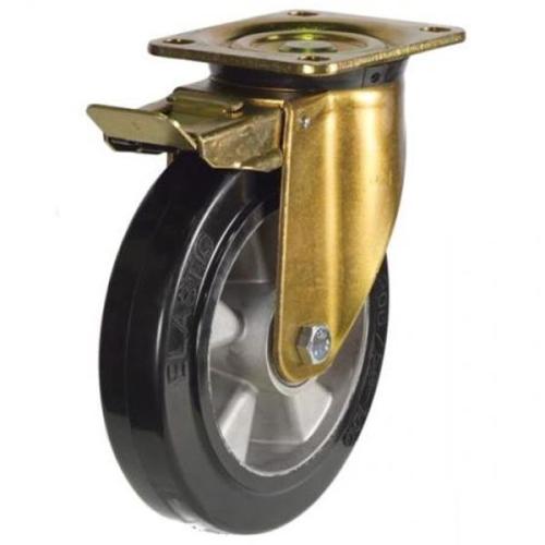 Heavy Duty 200mm Elastic Rubber on Aluminium Swivel Braked Castor - 450kg Load