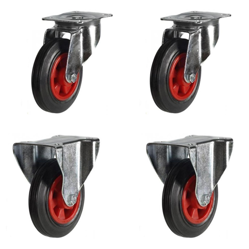 200mm Rubber Castor Wheels - 2 Swivel & 2 Fixed (Set of 4)