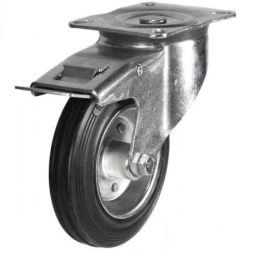 Medium Duty 200mm Rubber on Steel Swivel Braked Castor - 205kg Load