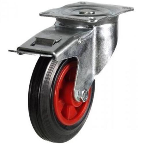Medium Duty 80mm Rubber on Plastic Swivel Braked Castor - 65kg Load