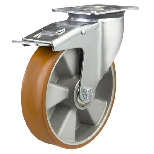 Heavy Duty 125mm Polyurethane on Aluminium Swivel Braked Castor - 300kg Load